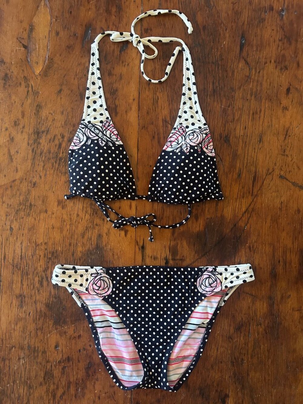 Betsey Johnson Pink Rose Cream Polka Dot Bikini Set